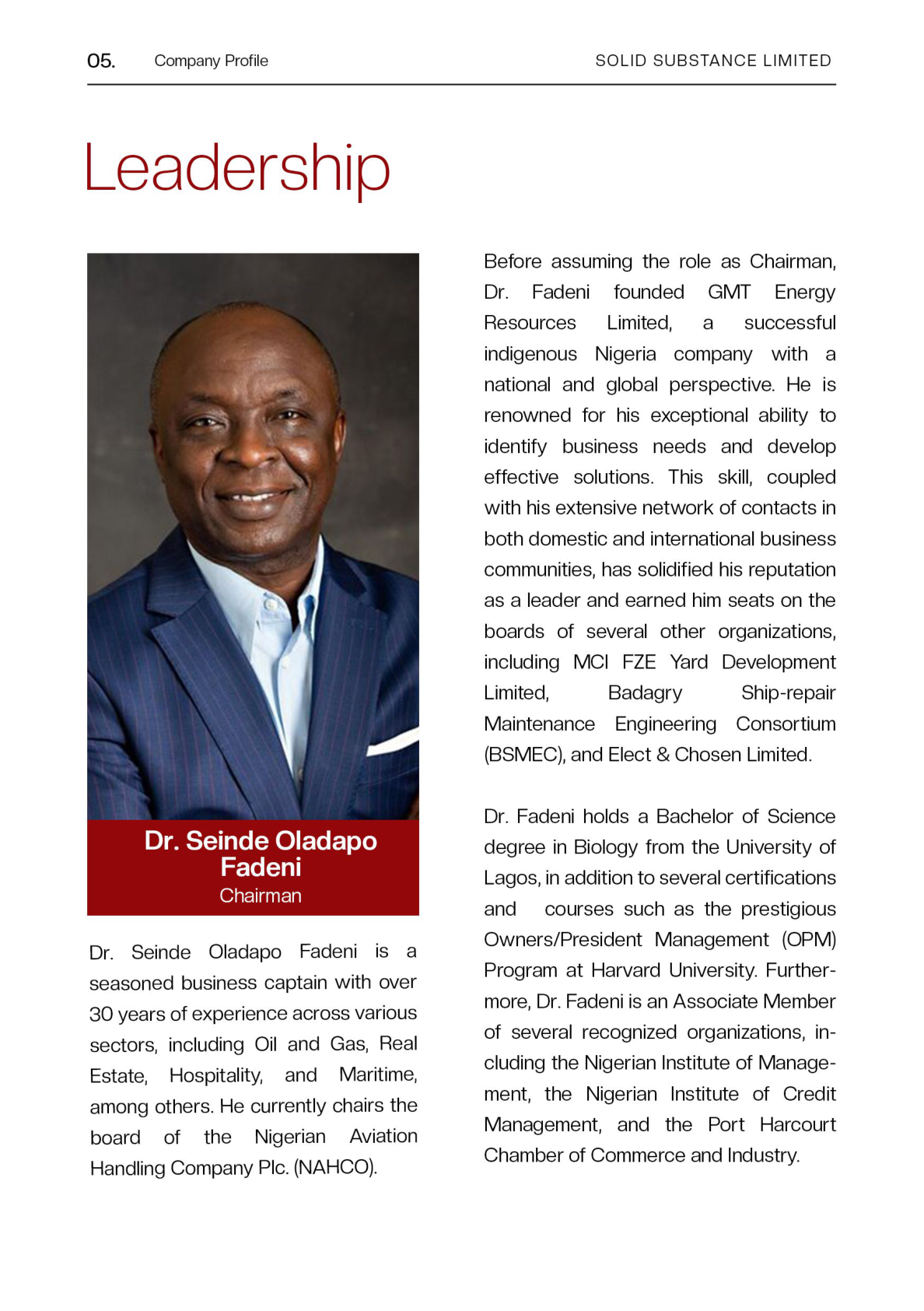 Solid Substance company profile excerpt featuring chairman leadership details